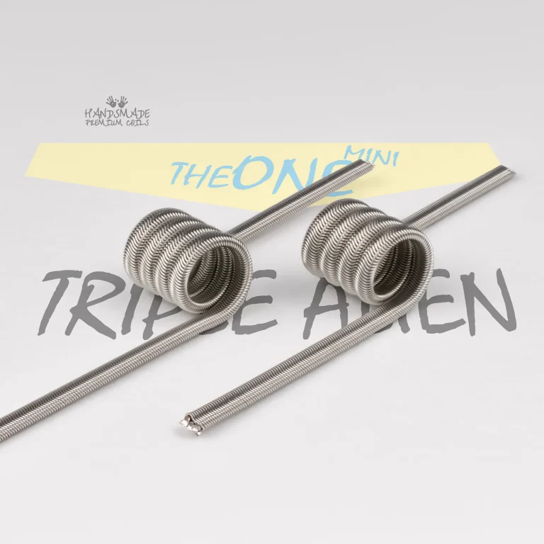 Close-up of a triple alien vape coil with intricate wirework.